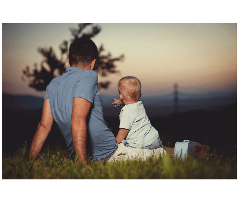 father and toddler son sitting on the grass looking at the sky, son is pointing with his finger