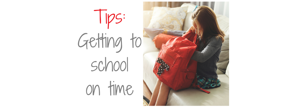 text: "Tips: getting to school on time" picture: girl sitting on the couch and looking into her red backpack