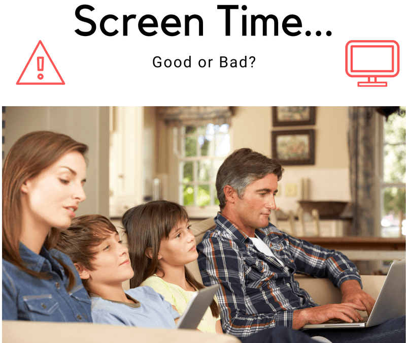 family watching tv and using laptop